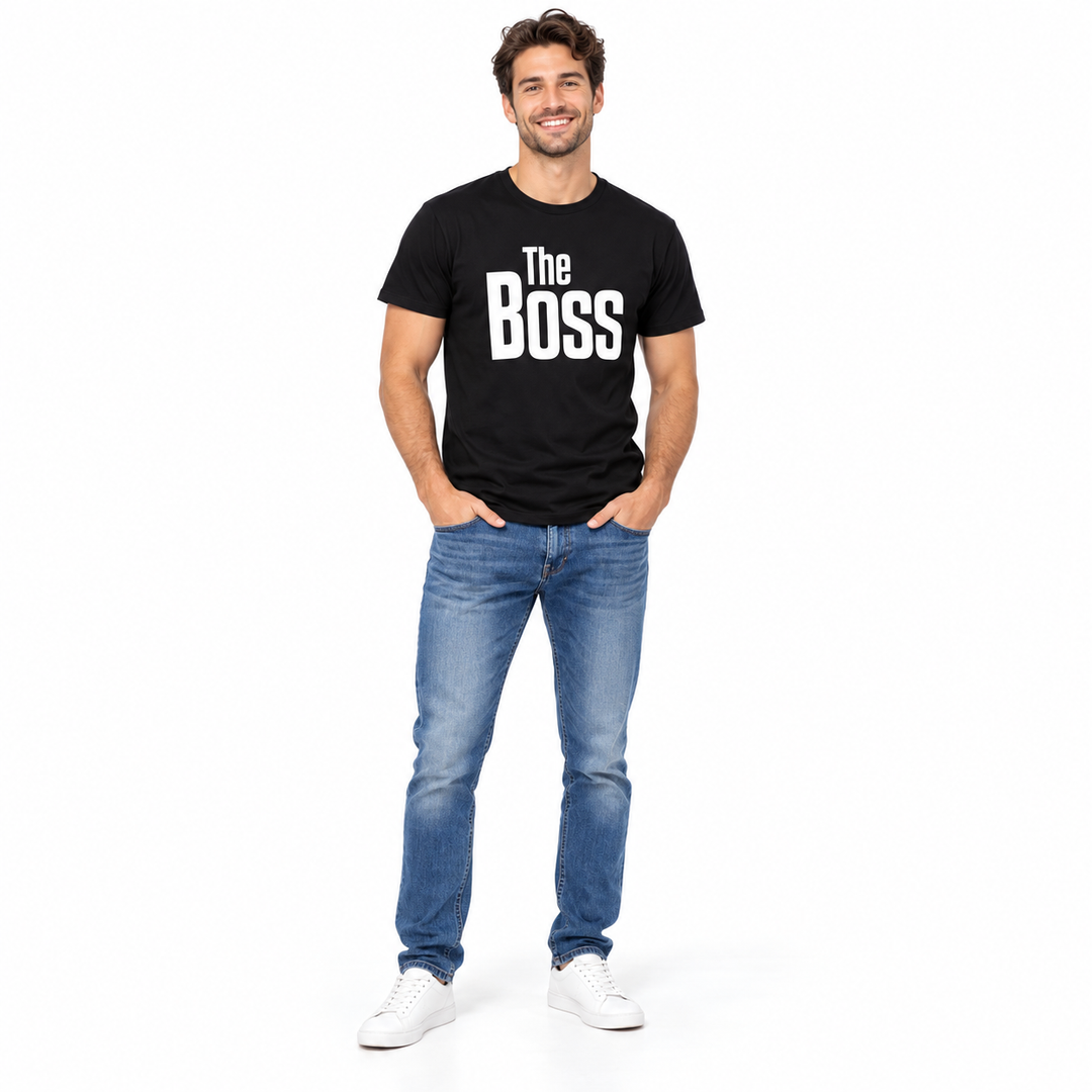 Full-body adult man wearing a black The Boss printed T-shirt with blue jeans and white sneakers against a white studio scene.