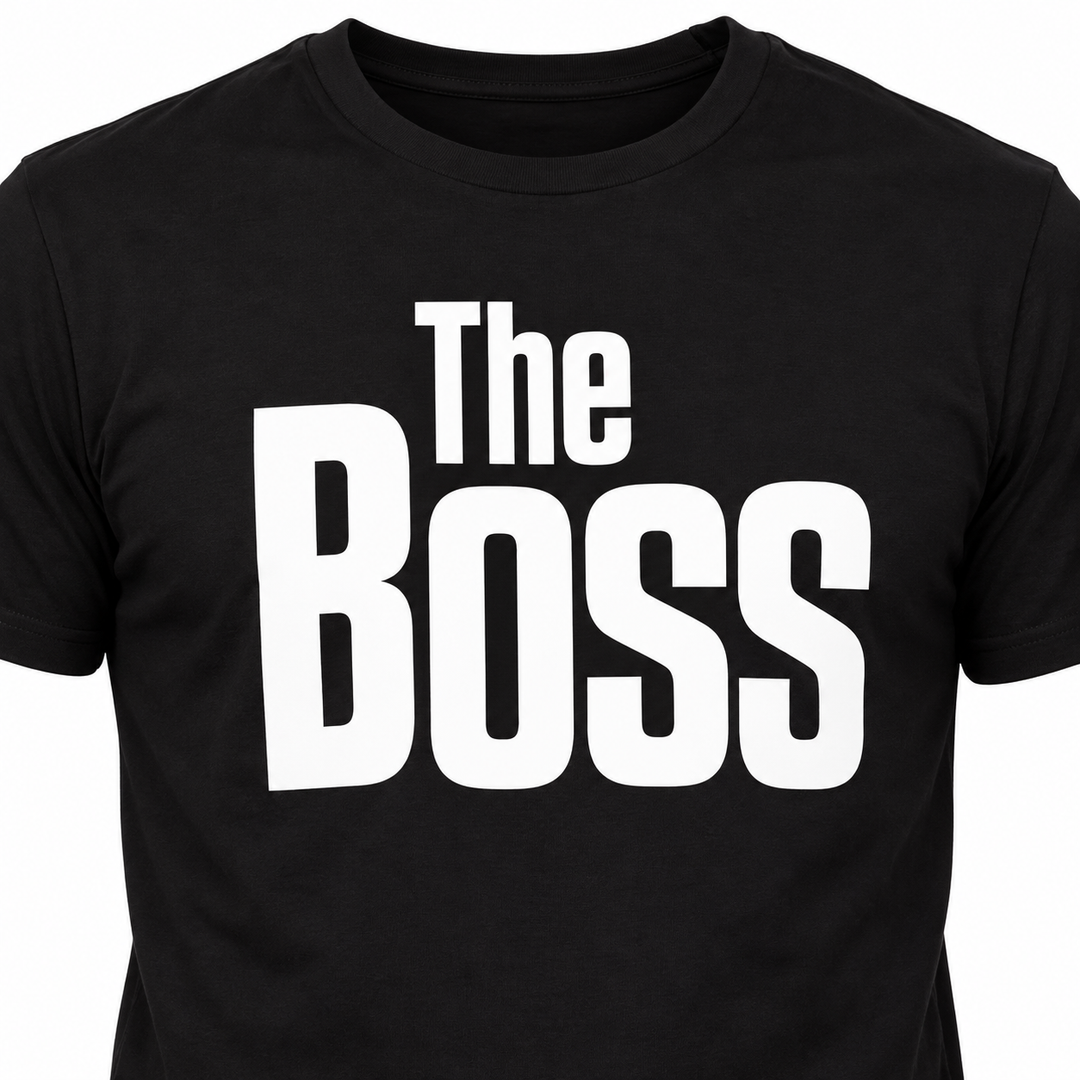 Close-up of the black The Boss shirt front showing the white printed lettering and that original stacked graphic arrangement.