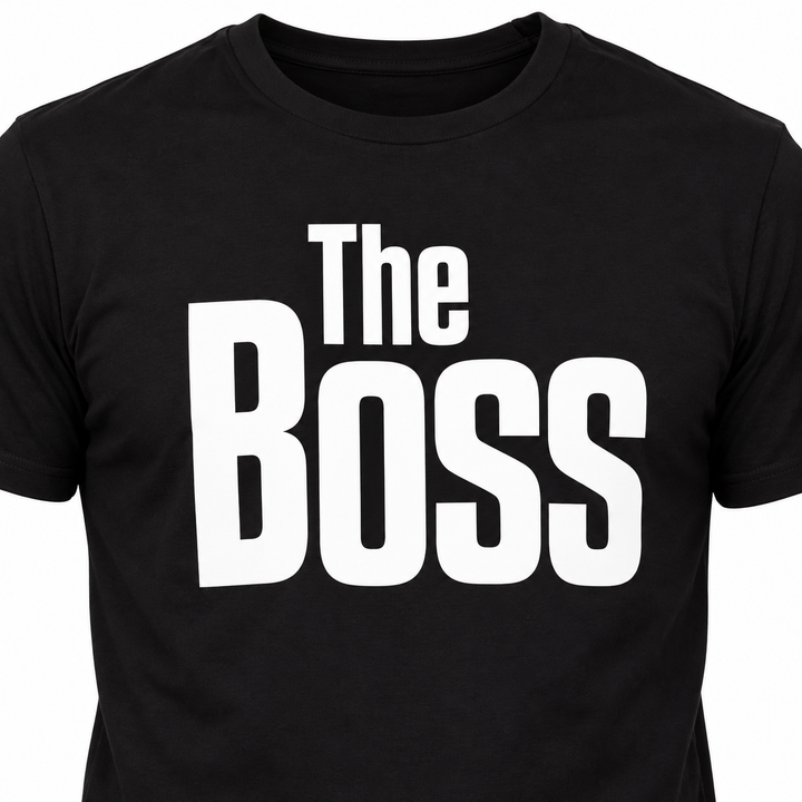 Close-up of the black The Boss shirt front showing the white printed lettering and that original stacked graphic arrangement.