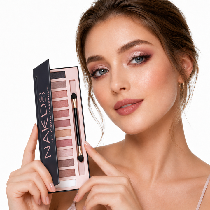 Matte eye shadow variant shown with a neutral rose makeup look on model, displayed clearly for design detail before ordering.