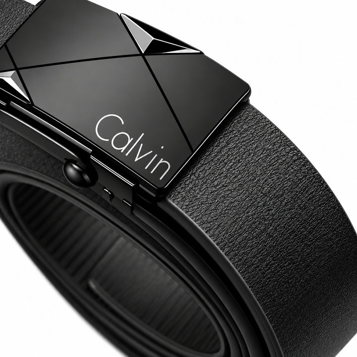 Close-up of black PU belt texture and silver automatic buckle