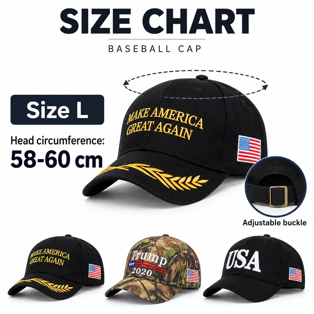 Baseball cap size guide showing verified Size L, 58-60 cm head circumference and adjustable buckle.