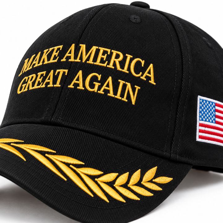 Close-up of black cap fabric, gold front embroidery, gold brim embroidery and a US flag side patch.