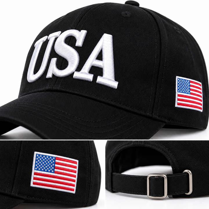 Detail views of a black USA embroidered baseball cap showing front lettering, flag patch and adjustable back buckle.