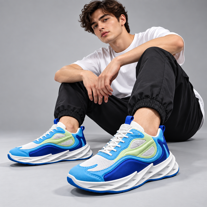 Male model wearing blue and green mesh running sneakers