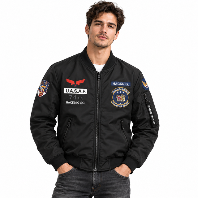 Men's bomber jacket in black shown on a male model from the front with patch details, zip front, ribbed edges and zip pockets.