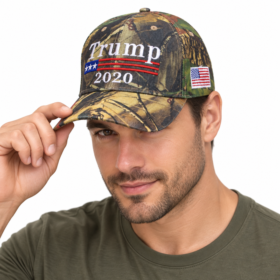 Male model wearing the camouflage Trump 2020 embroidered baseball cap with a US flag side patch.