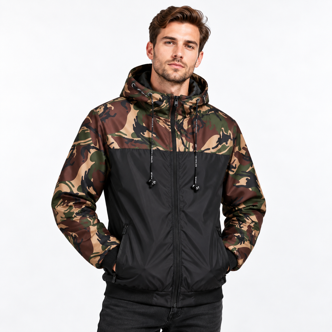 Men's camouflage jacket on model, front studio view