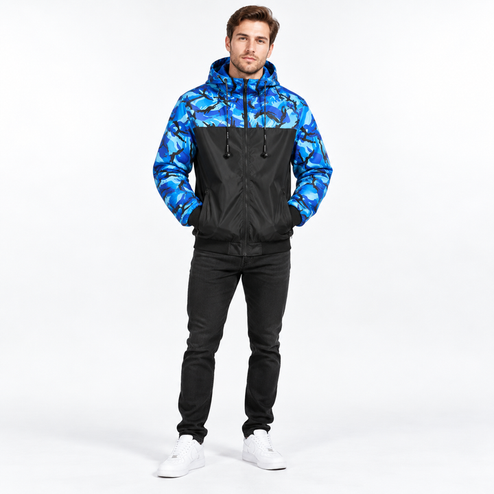 Blue camouflage jacket on model, front studio view