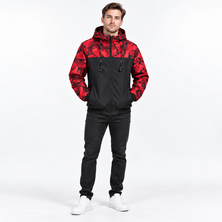 Red camouflage jacket on model, front studio view