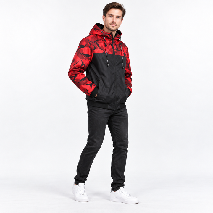 Red camouflage jacket on model, three-quarter view