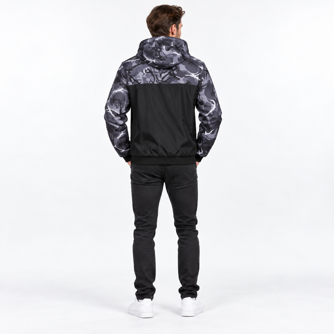 Gray camouflage jacket on model, rear studio view