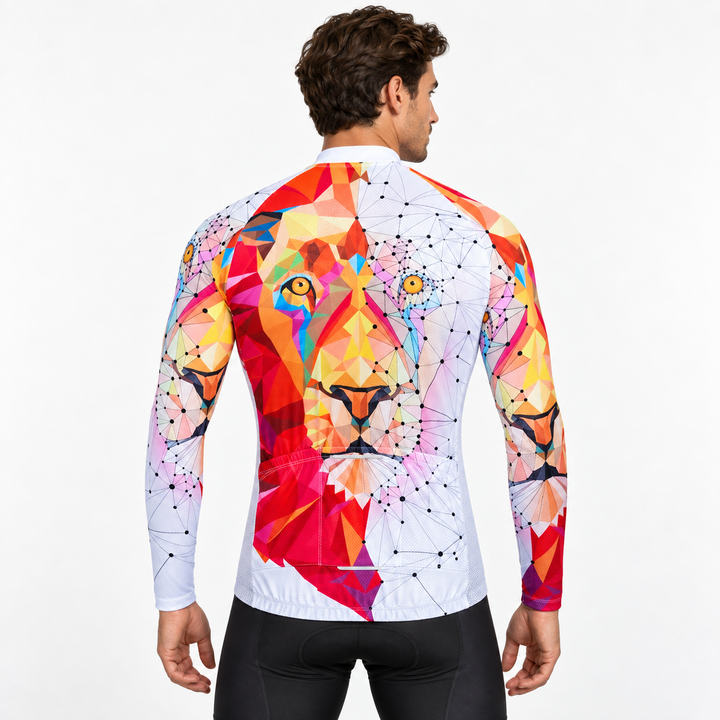 Long sleeve cycling top in red and white with lion graphic shown from the back on a male model with clear product focus