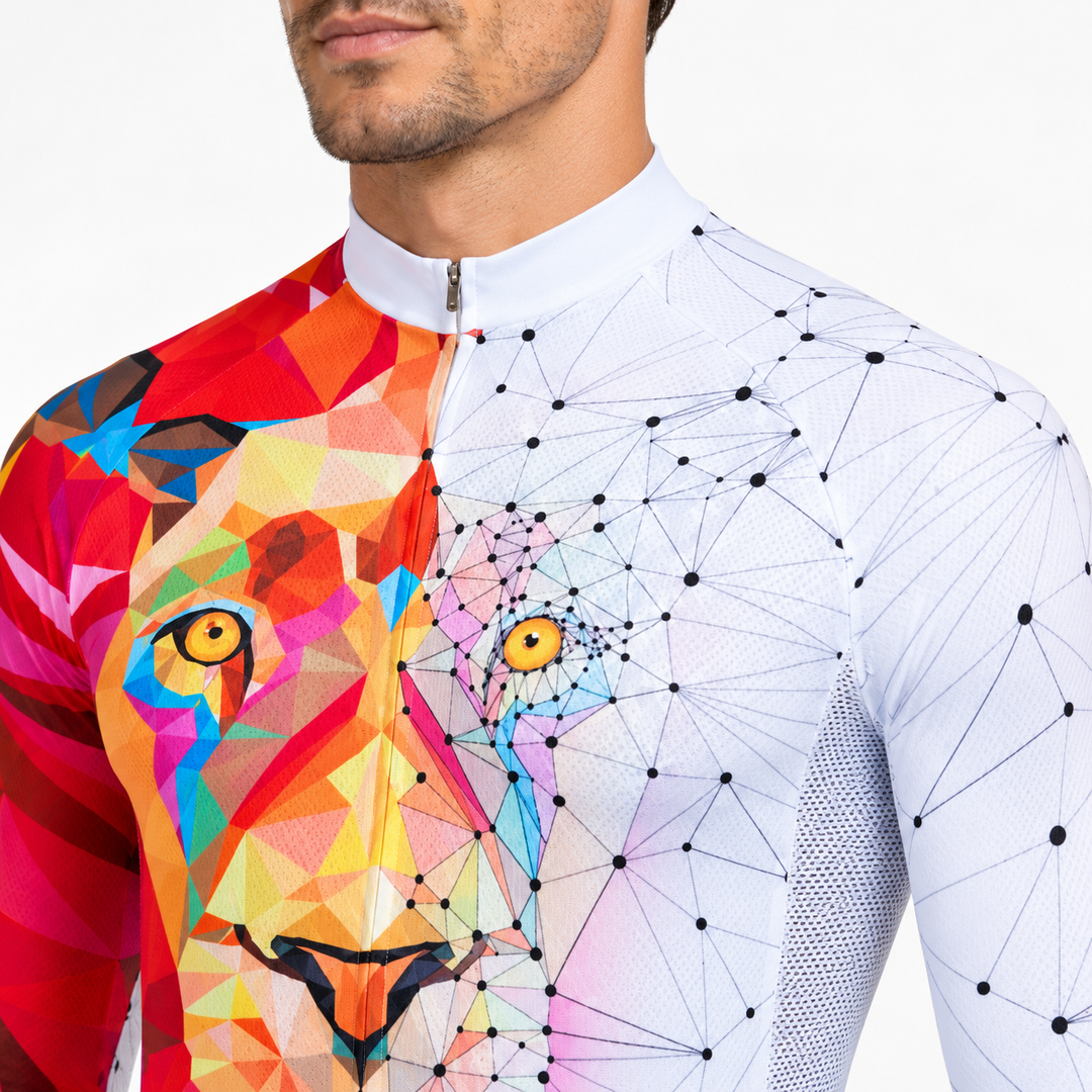 Detail view of red and white lion cycling top focusing on visible neckline, sleeve and graphic elements in clean studio view.