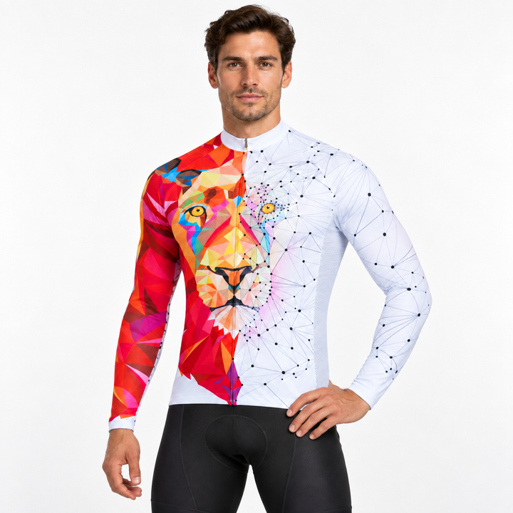 Red and white lion long sleeve cycling top in a clean commercial hero image with male model, clear product focus and no text.