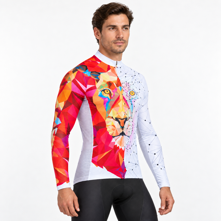 Red and white lion cycling top shown on a male model, highlighting long sleeve silhouette and overall graphic design clearly.
