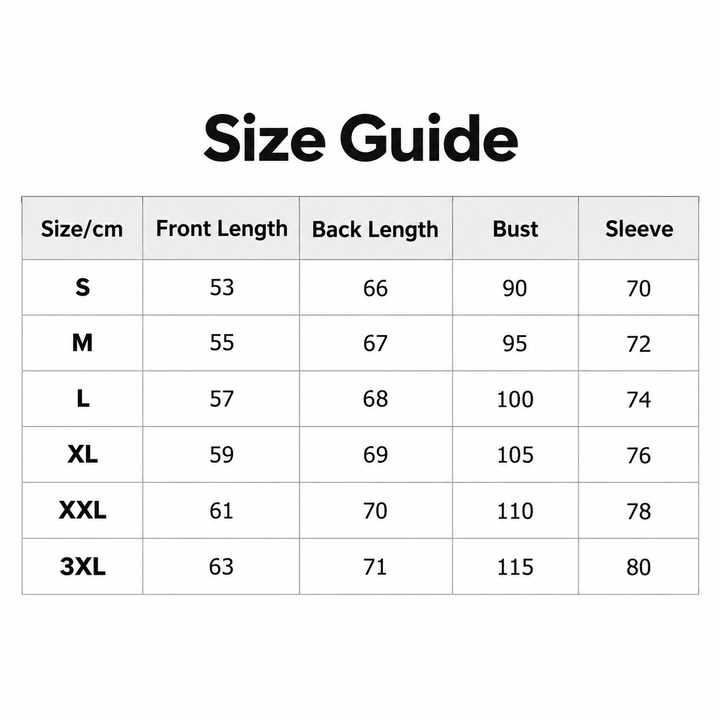 Size guide for red and white lion long sleeve cycling top with verified measurements from S through 3XL in centimeters.