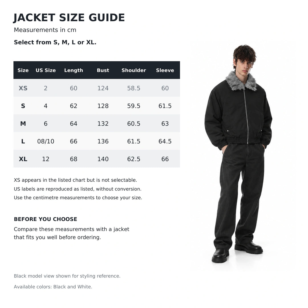 English jacket size chart in cm XS to XL, with source US labels, length, bust, shoulder and sleeve values beside a male model
