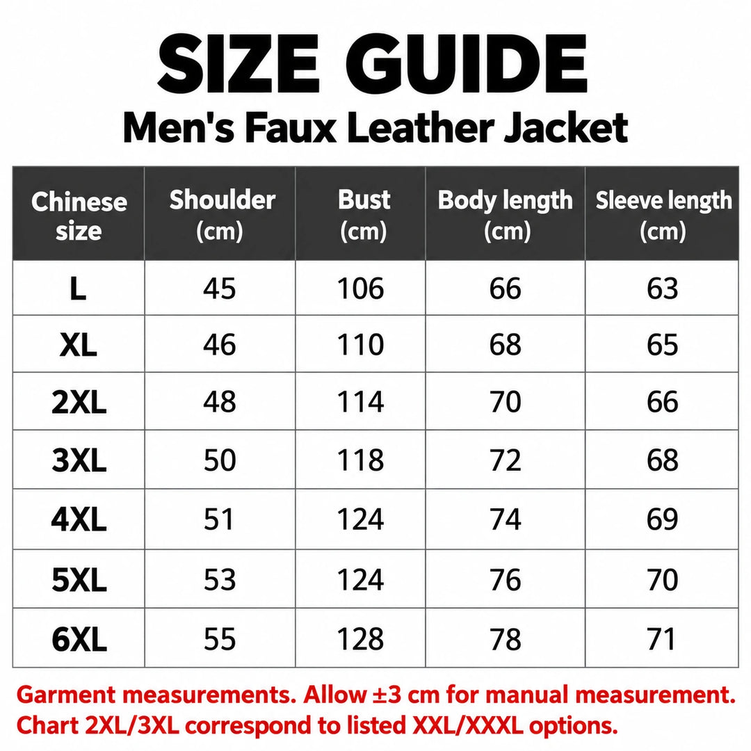 English size chart for Chinese sizes L–6XL, with shoulder, bust, body and sleeve lengths in cm.