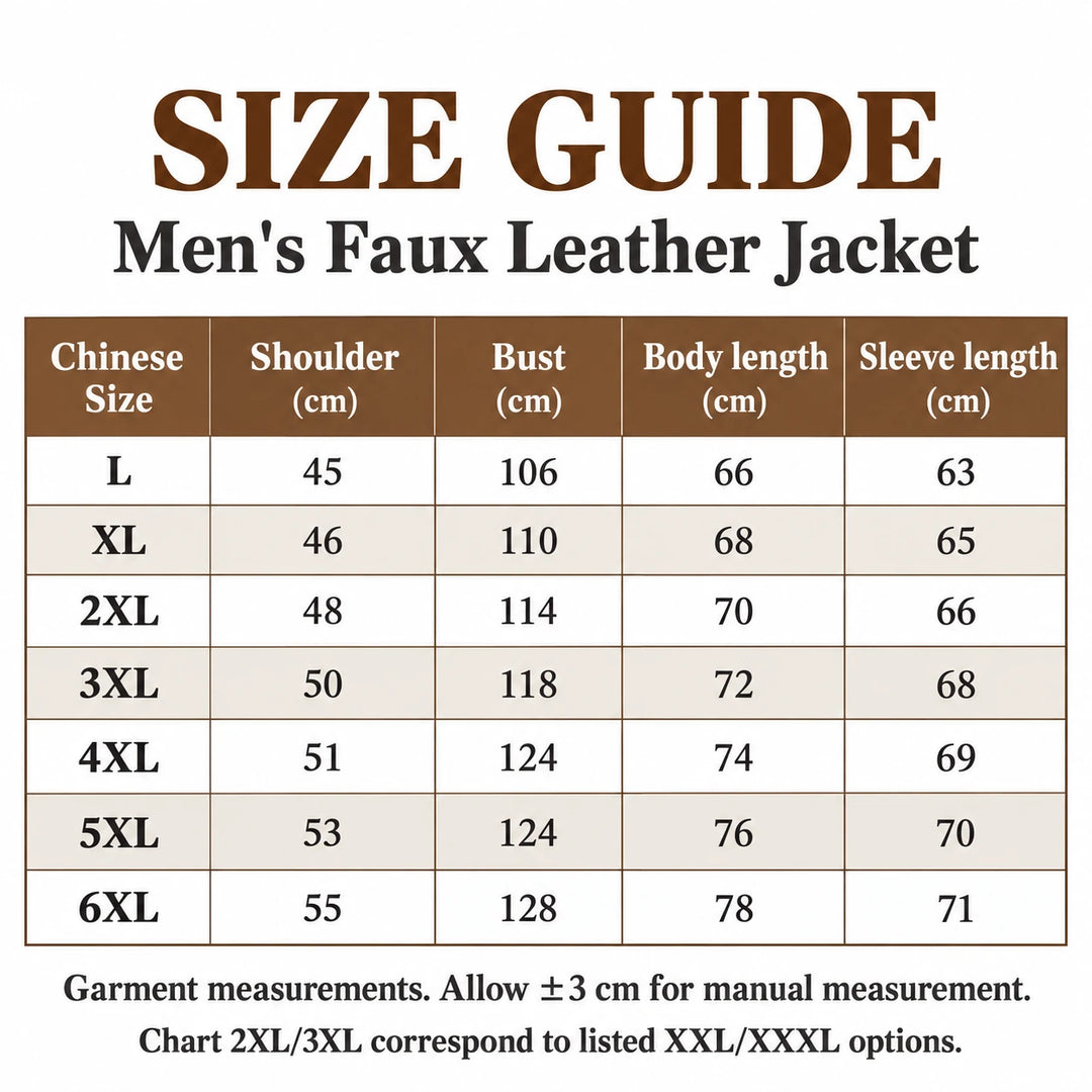 Size guide for the jacket, Chinese sizes L–6XL, with shoulder, bust, body and sleeve lengths in cm.