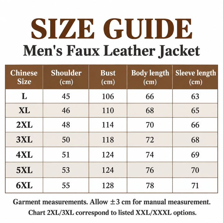 Size guide for the jacket, Chinese sizes L–6XL, with shoulder, bust, body and sleeve lengths in cm.