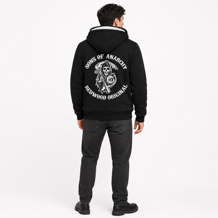 Black hooded fleece jacket shown from the back on a male model to display the hood, rear profile, sleeves, and jacket length.