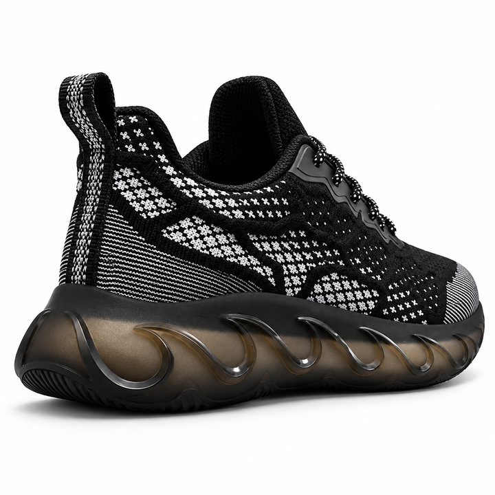 Black woven mesh shoe rear angle showing heel loop and sole detail