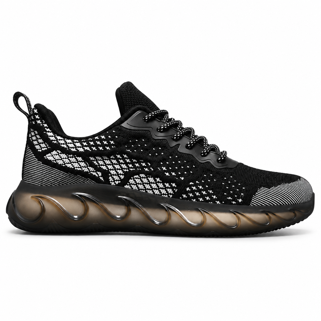 Black fly woven mesh shoe in side profile with sculpted sole