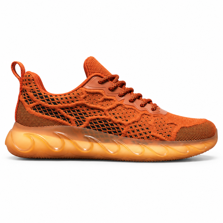 Orange fly woven mesh shoe in clean side profile