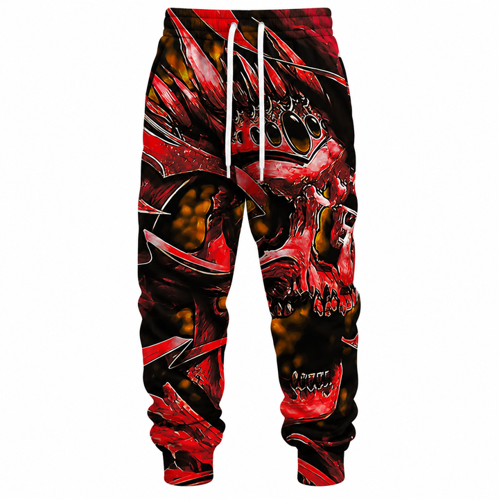 Red crown skull printed drawstring pants shown from the front on a white background, with full length legs and gathered cuffs
