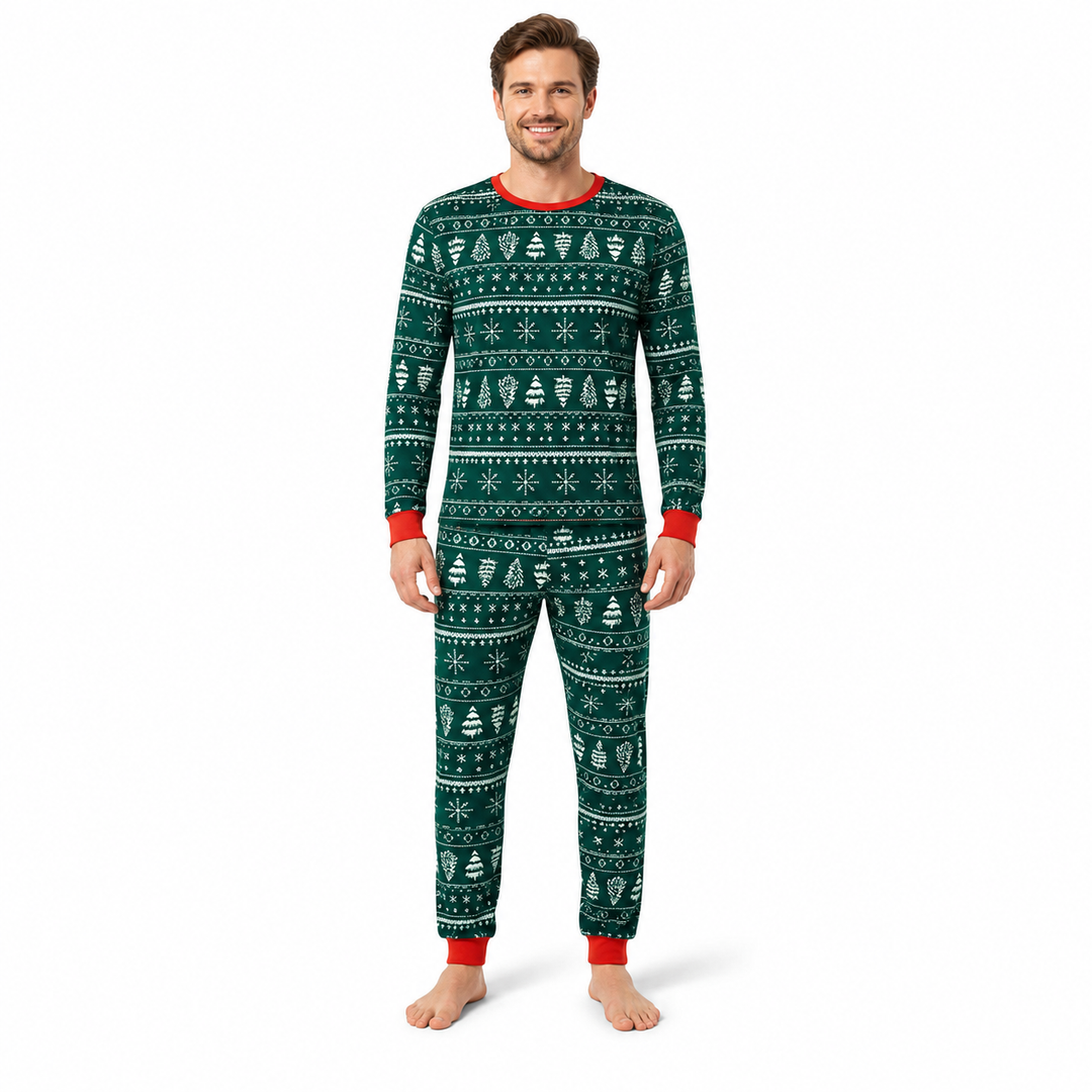 Man wearing green Christmas pajamas with white holiday motifs and red trim, shown from the front.