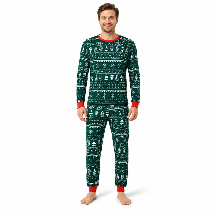 Man wearing green Christmas pajamas with white holiday motifs and red trim, shown from the front.
