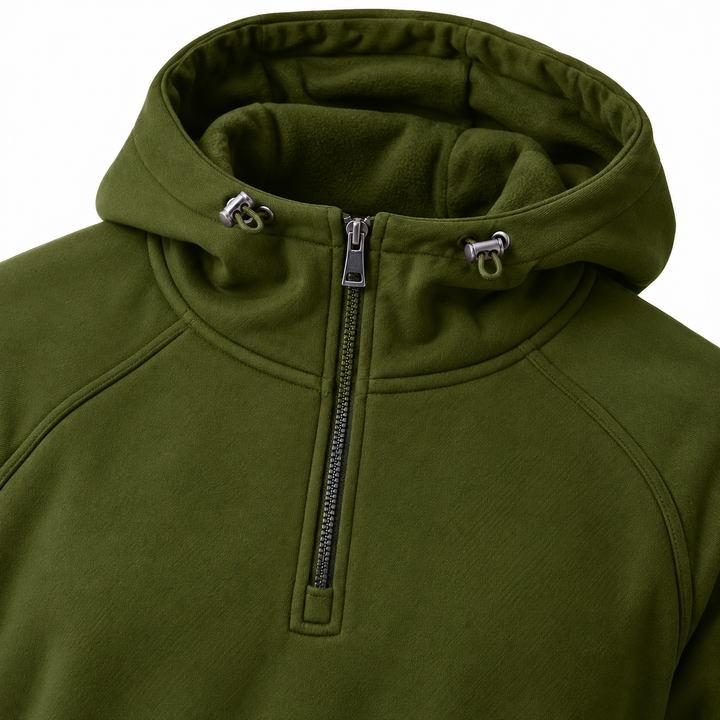 Army green half zip hoodie close-up showing hood, zipper and seam details