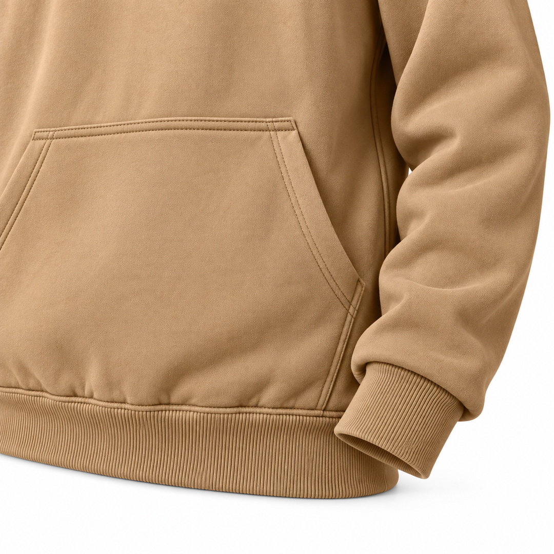 Khaki half zip hoodie close-up showing kangaroo pocket, cuff and ribbed hem