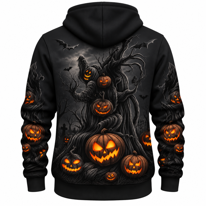 Black Halloween hoodie back view with orange pumpkin haunted tree artwork