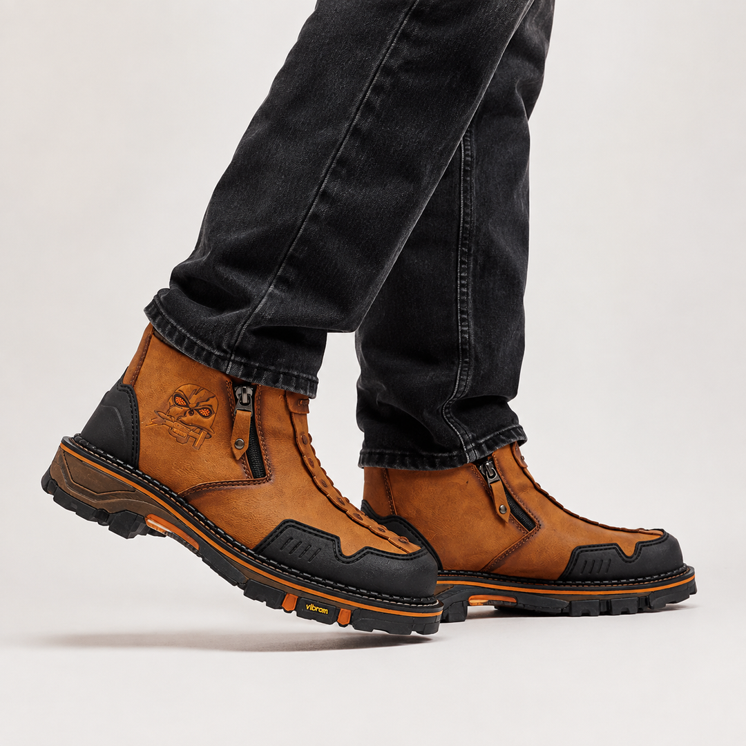 Side fit view of skull ankle boots worn with jeans, showing ankle height, proportions and skull design from a practical view.