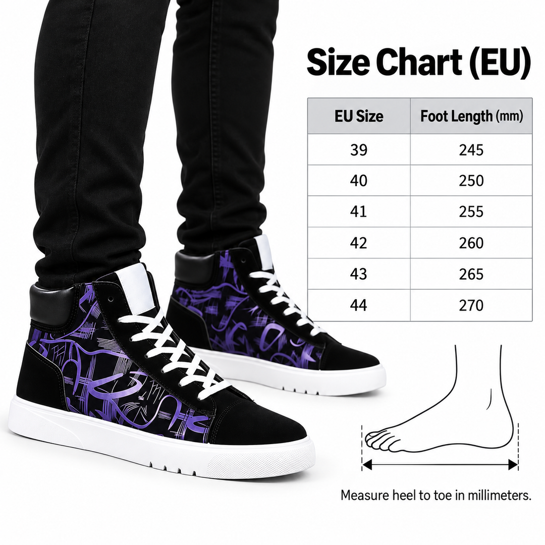 EU size chart for high top sneakers, sizes 39 to 44 with foot lengths from 245 to 270 mm