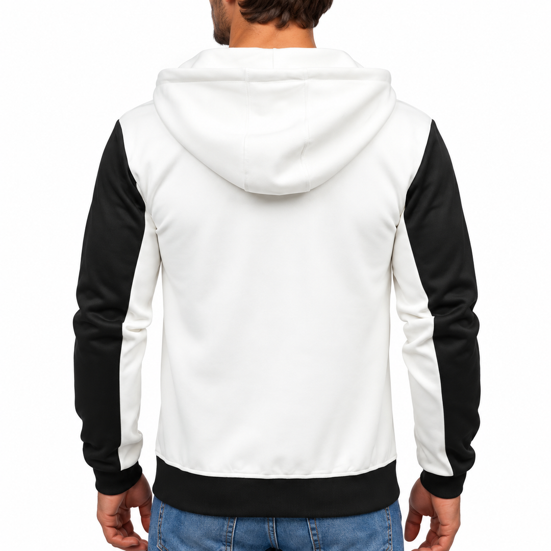 Back detail of white hood and black sleeves on men&