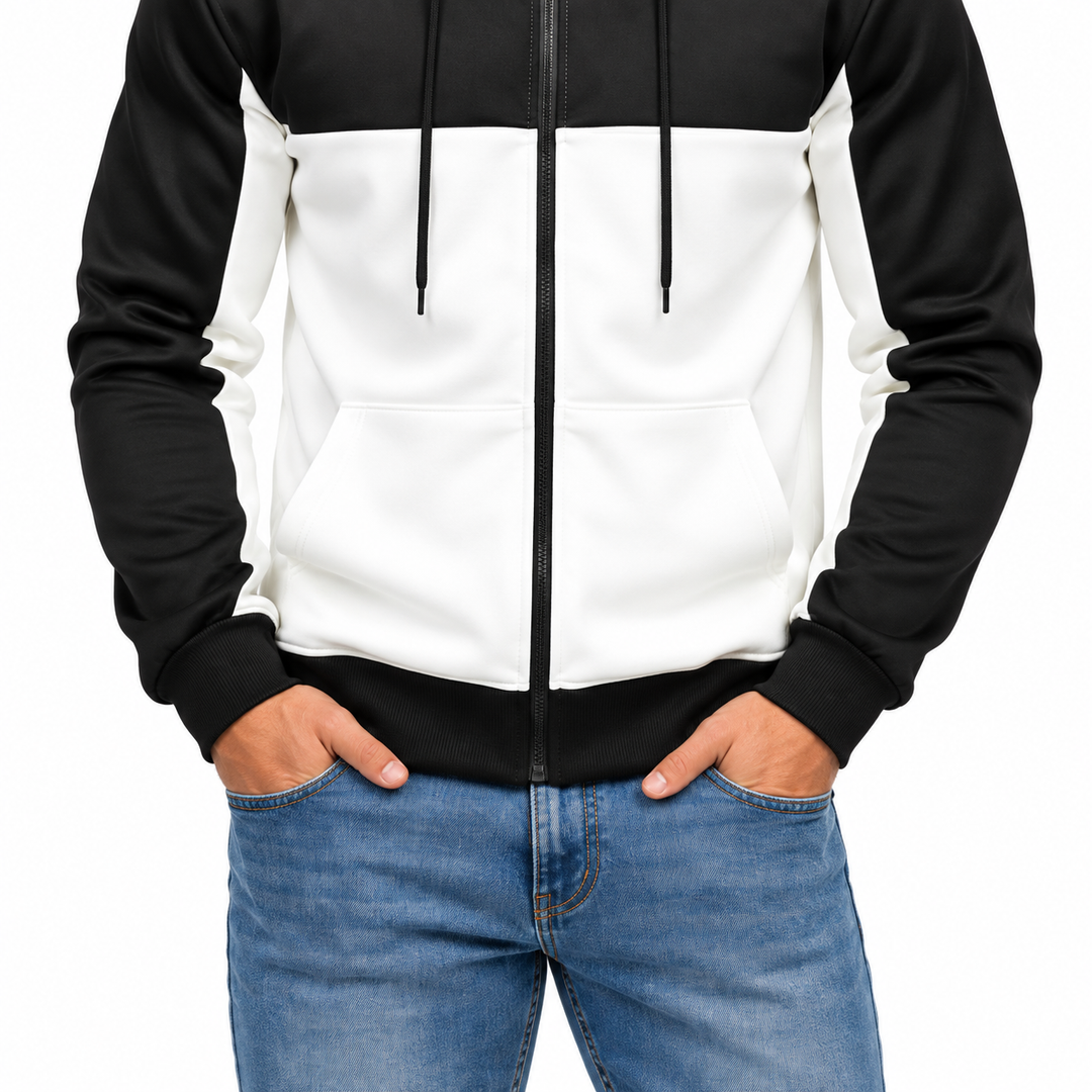Close-up of front pockets, zipper and black hem on colorblock hoodie