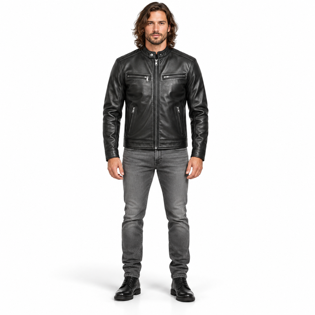 Black jacket zipped up, front view on a full-body model wearing gray jeans and black boots.