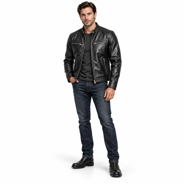 Men's PU leather motorcycle jacket in black styled with jeans, full-body model on white.