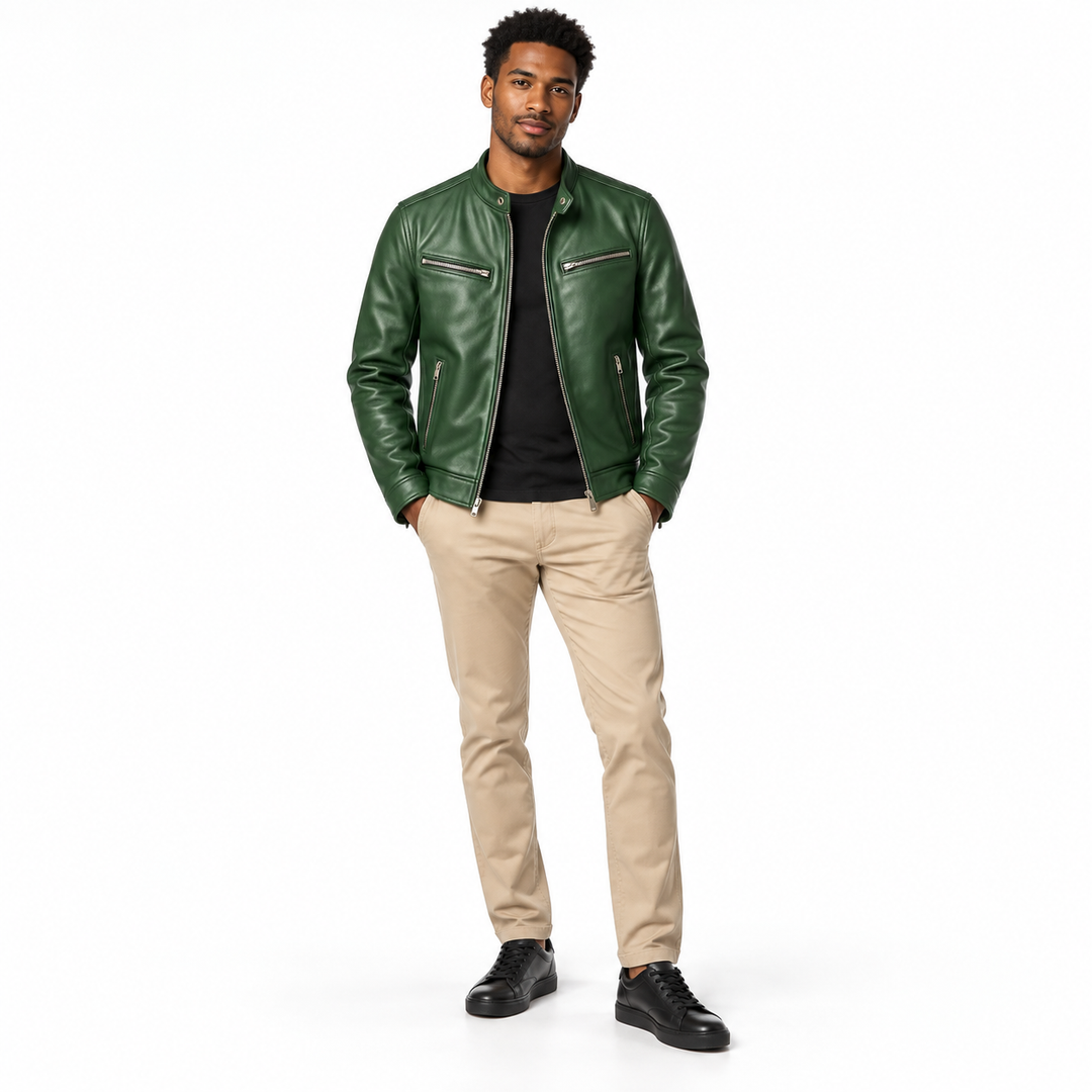 Dark green jacket styled with a black T-shirt and beige chinos on a second full-body model.