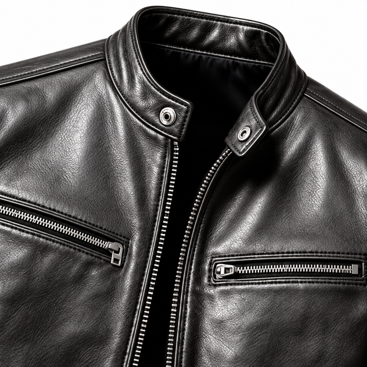 Close-up of the black jacket surface, stitching, chest zippers and stand collar.