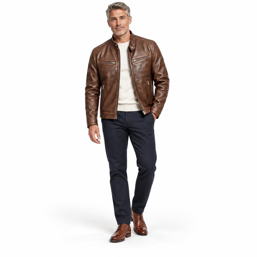 Brown jacket with an ivory crewneck, navy trousers and brown shoes on a full-body gray-haired model.