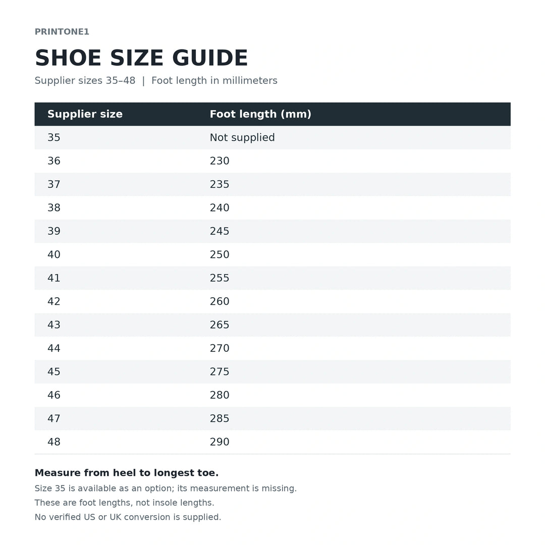 Size guide for supplier sizes 35–48 with foot lengths in millimeters; size 35 measurement is not supplied.