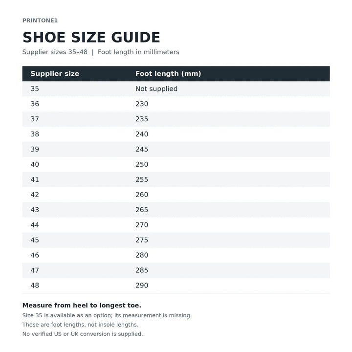 Size guide for supplier sizes 35–48 with foot lengths in millimeters; size 35 measurement is not supplied.