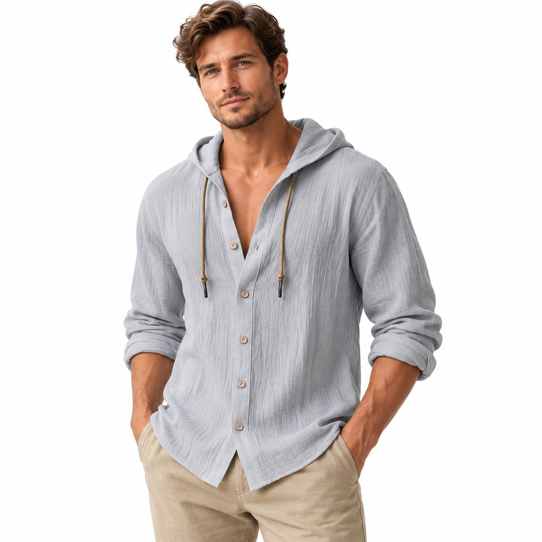 Gray men's linen shirt detail showing hood, buttons, rolled sleeves and texture