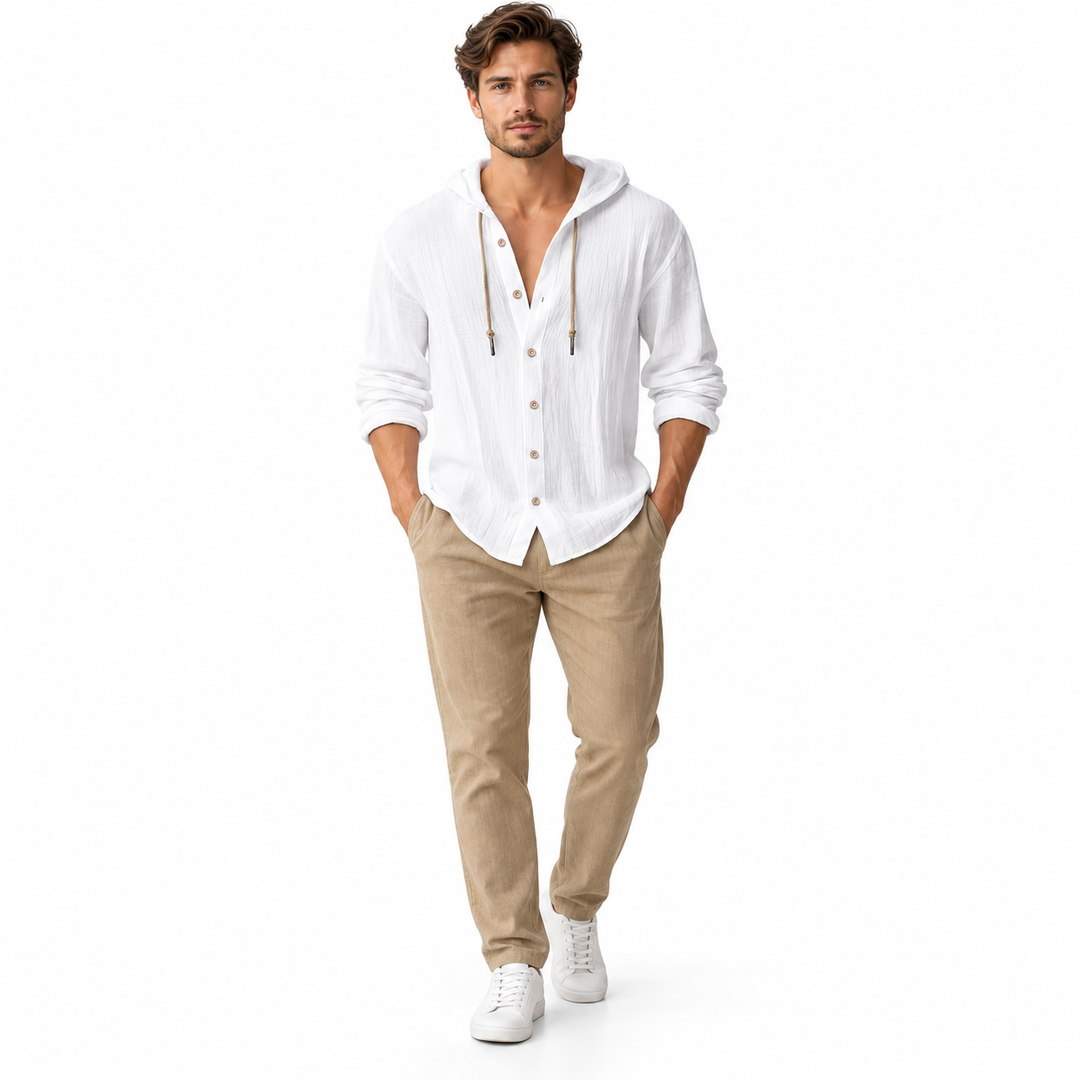 White hooded long sleeve shirt for men, front full-body studio view