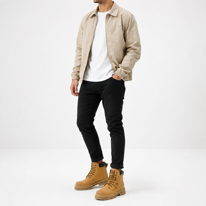 Male model wearing tan men&