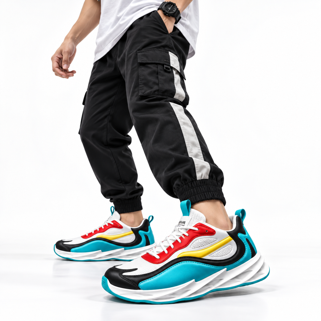 Male model wearing multicolor running sneakers on white background